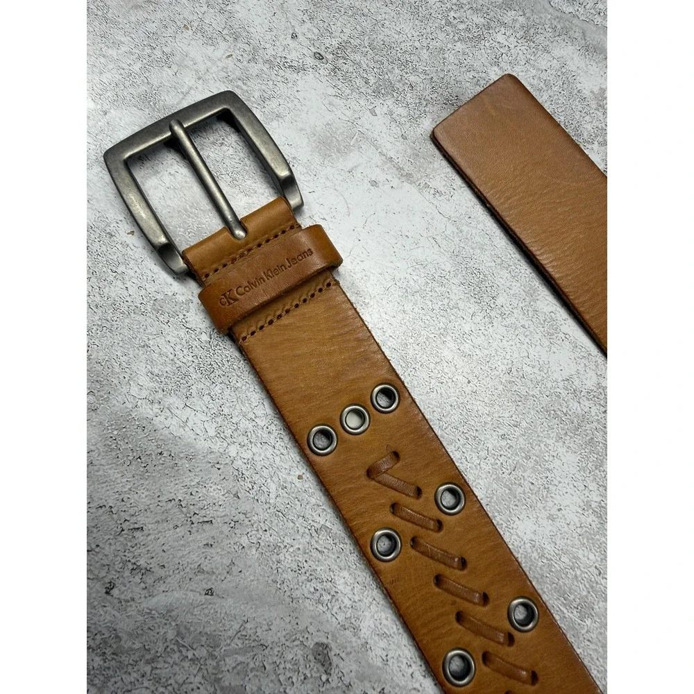 Calvin Klein Jeans Belt Mens Medium Yellow Leather Studded Grommet Buckle 440502